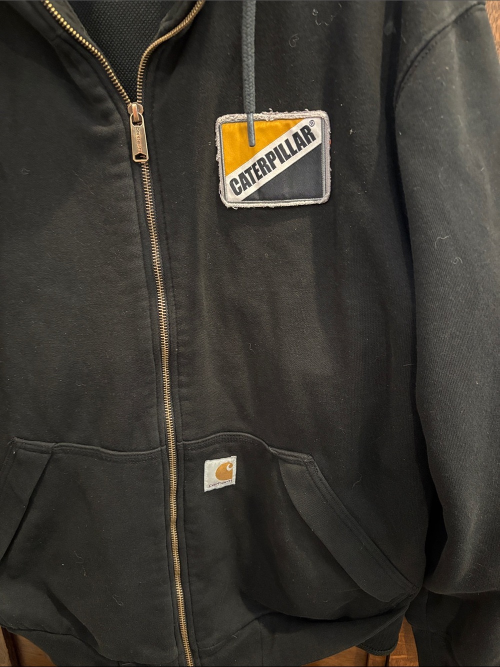 Carhartt Black Zip-Up Hoodie with Yellow Caterpillar Patch - Picture 3 of 4